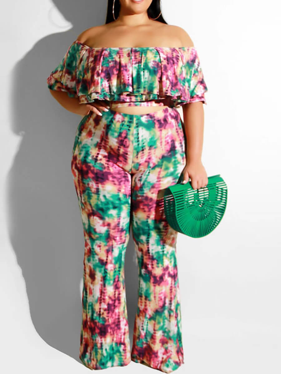 

Lovely Casual Off The Shoulder Flounce Design Tie-dye Green Plus Size Two-piece Pants Set