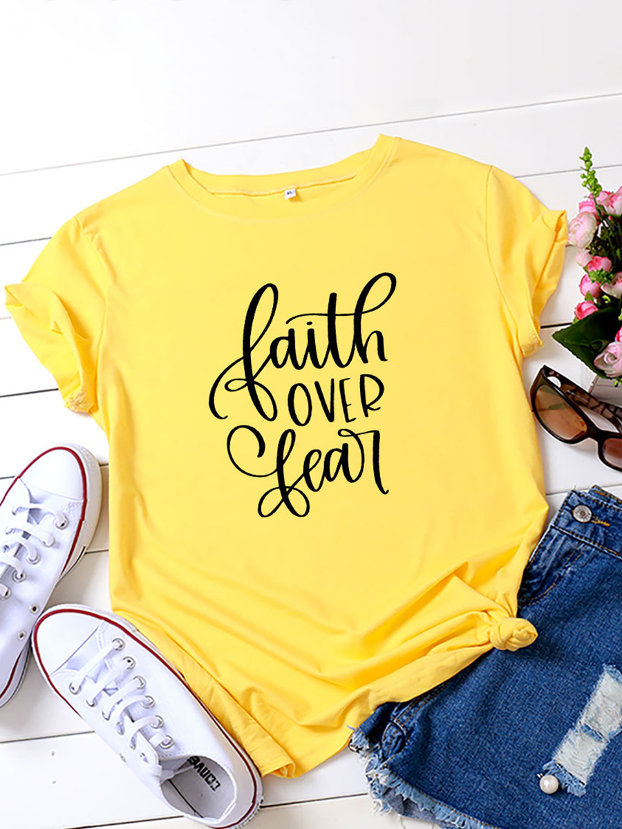 

Lovely Plus Size Casual O Neck Letter Print Yellow T-shirt