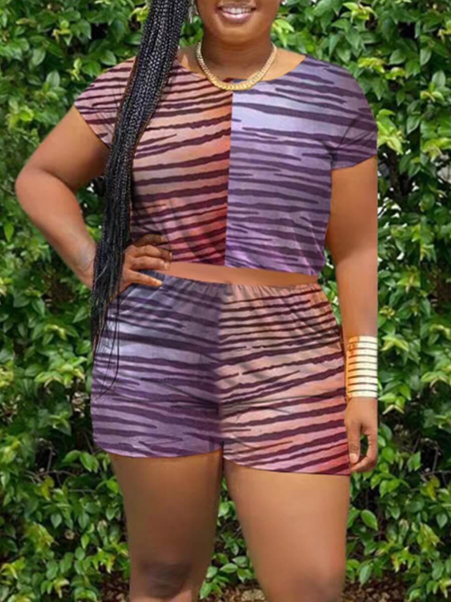 

Lovely Plus Size Casual O Neck Animal Print Patchwork Brown Two-piece Shorts Set