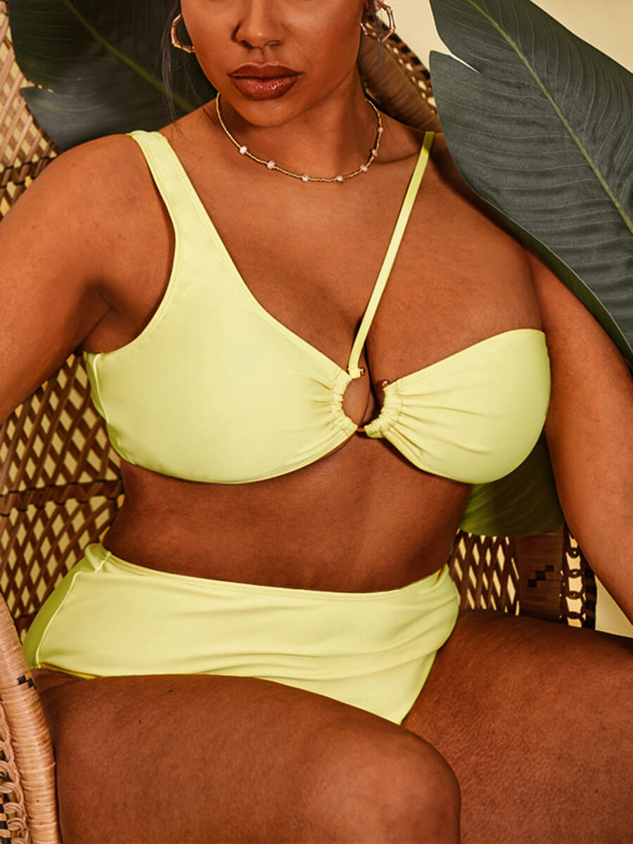 

Lovely Casual One Shoulder Metal Ring Decoration Yellow Plus Size Two-piece Swimsuit