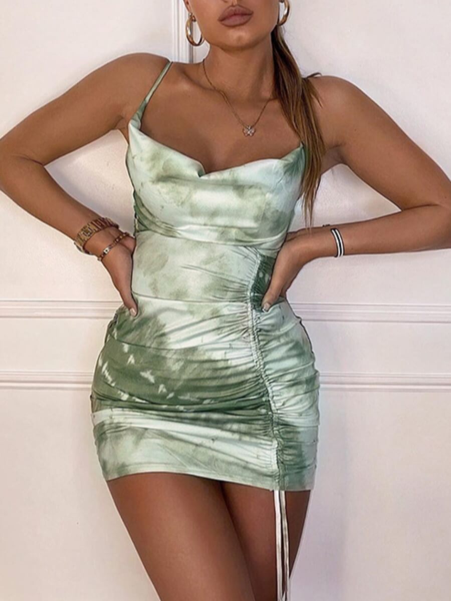 

Lovely Sexy Tie-dye Ruched Drawstring Green Mini Dress