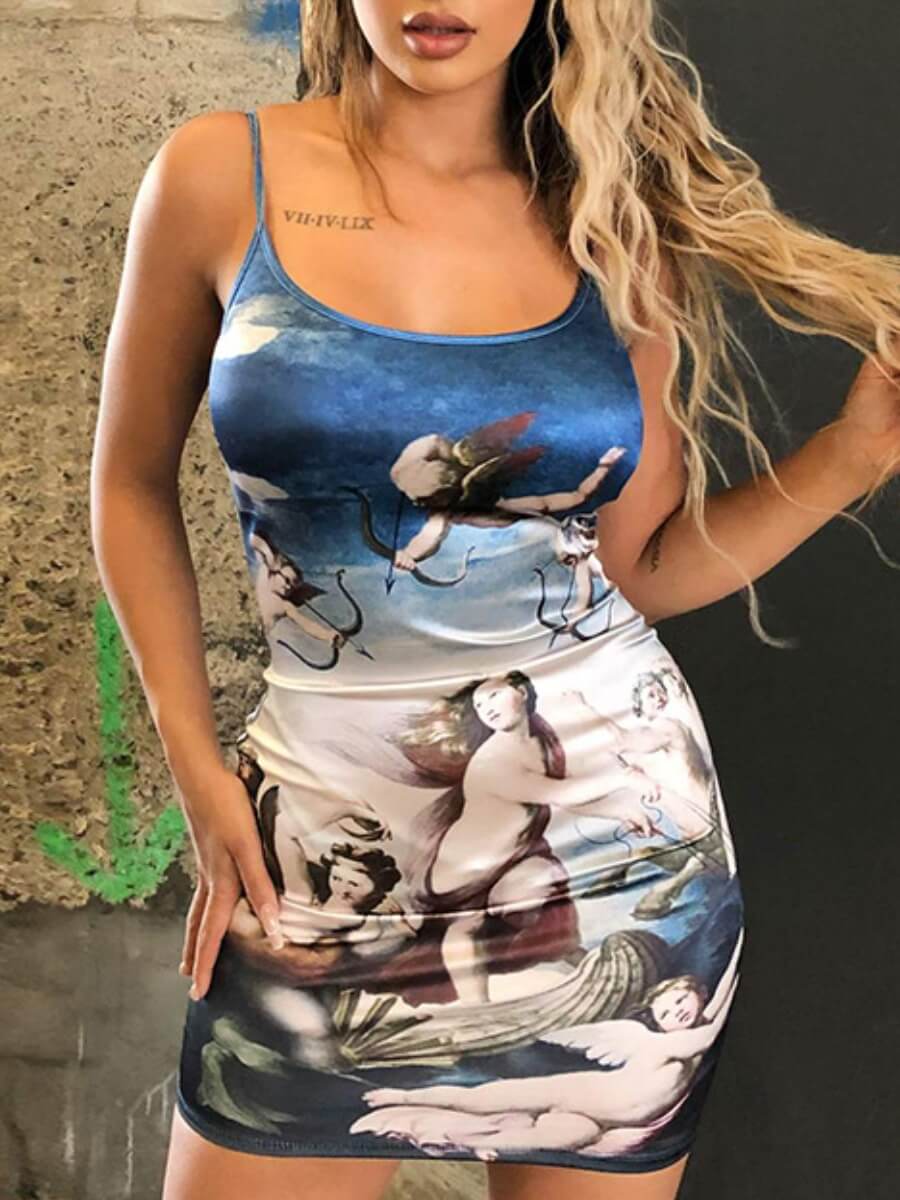 

Lovely Street U Neck Graffiti Print Blue Mini Dress