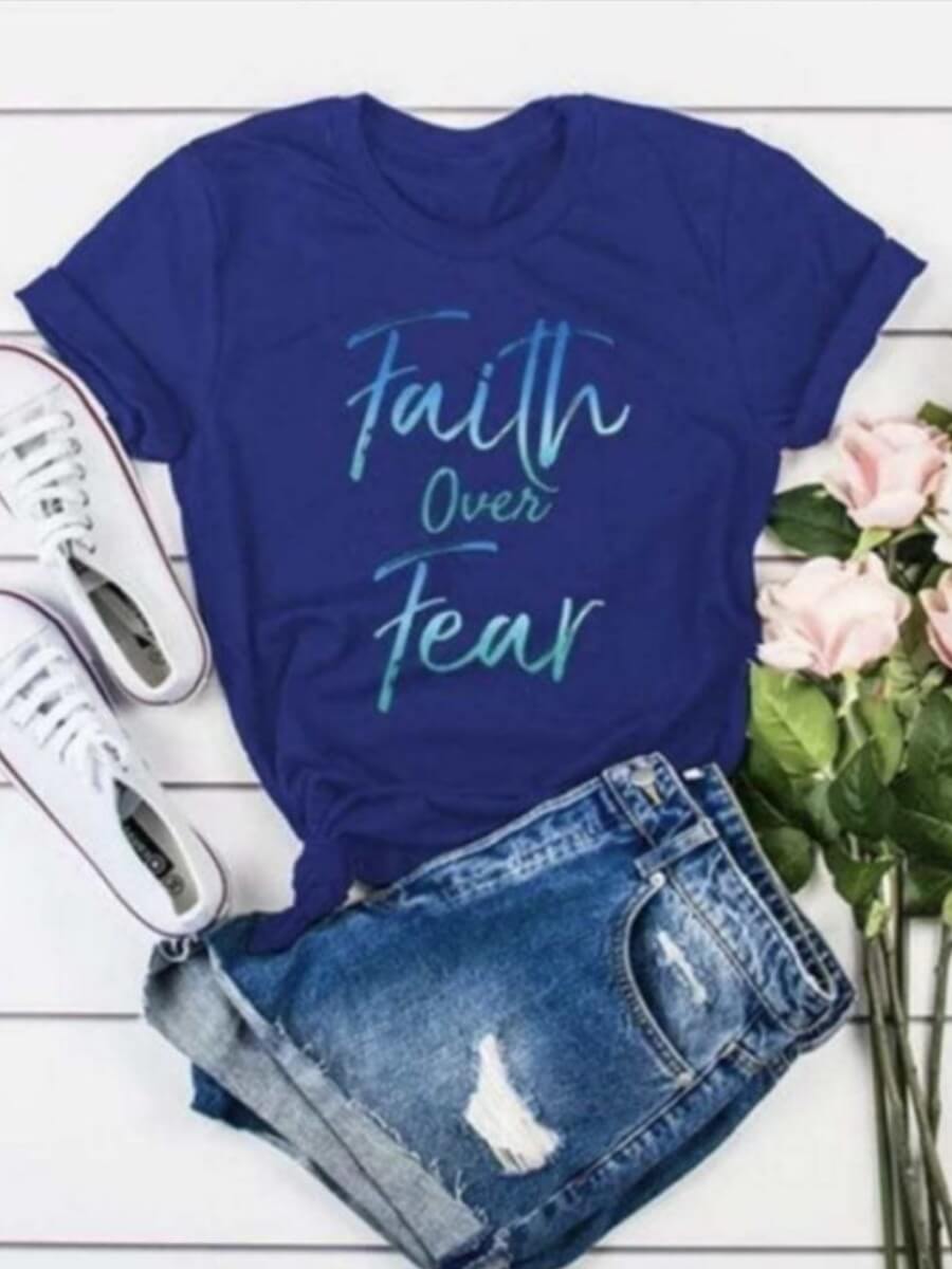 

Lovely Casual O Neck Letter Print Blue Plus Size T-shirt