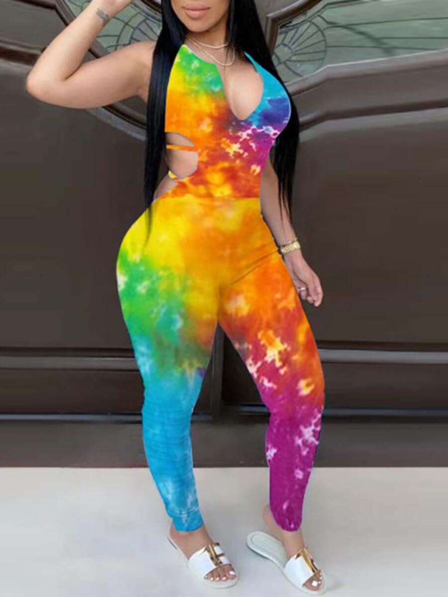 

Lovely Casual Tie-dye Hollow-out Multicolor Plus Size One-piece Jumpsuit, Multi