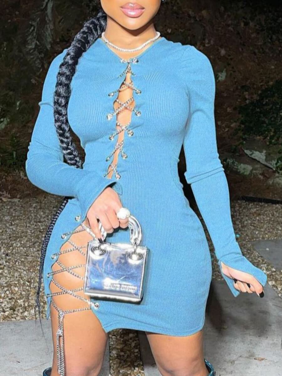 

Lovely Street Bandage Hollow-out Design Cyan Mini Dress