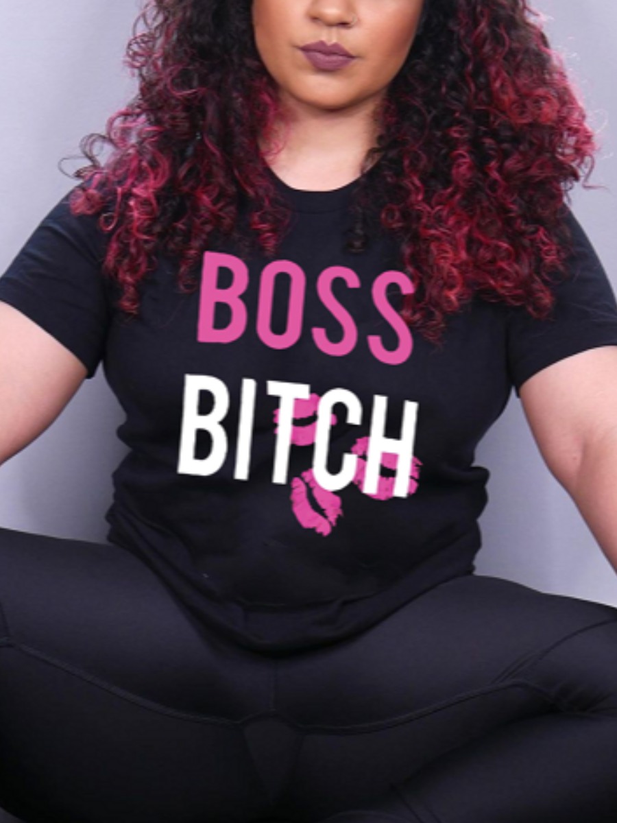 

LW Cotton-Feel O Neck Letter Print Pitch-black T-shirt