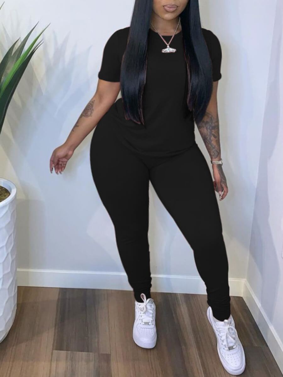 

Lovely Casual O Neck Elastic Black Plus Size Two-piece Pants Set