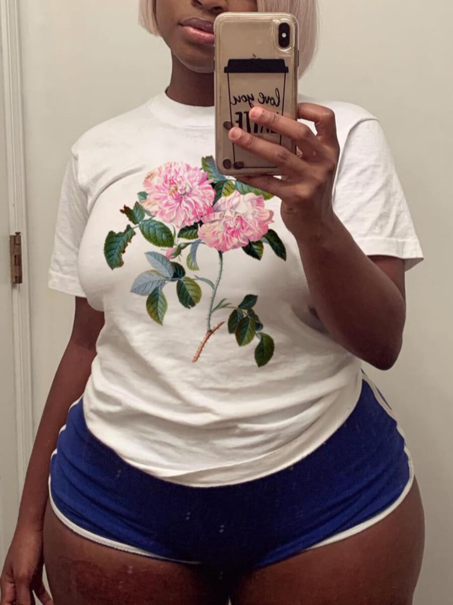 

Lovely Casual O Neck Floral Print White Plus Size T-shirt