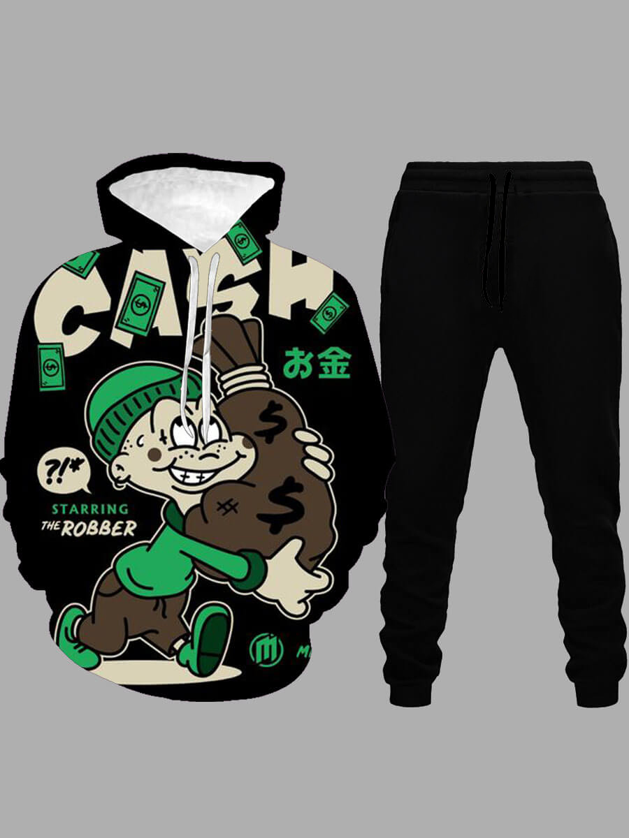 

LW Men Casual Cartoon Print Patchwork Drawstring Black Two Piece Pants Set