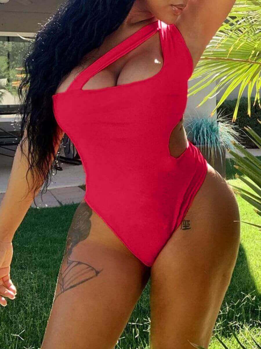

Lovely Casual One Shoulder Hollow-out Watermelon Red One-piece Swimsuit