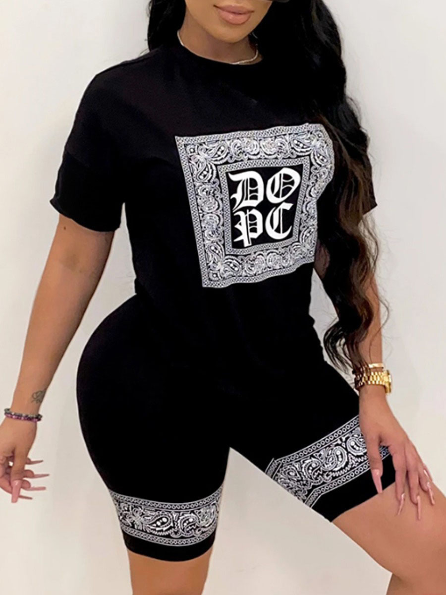 

LW Round Neck Letter Print Patchwork Shorts Set, Black