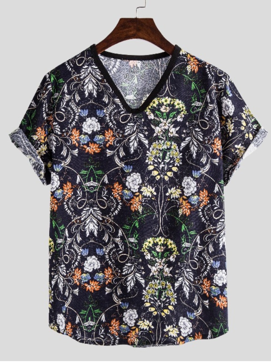 

Lovely Casual V Neck Floral Print Multicolor Men T-shirt, Multi