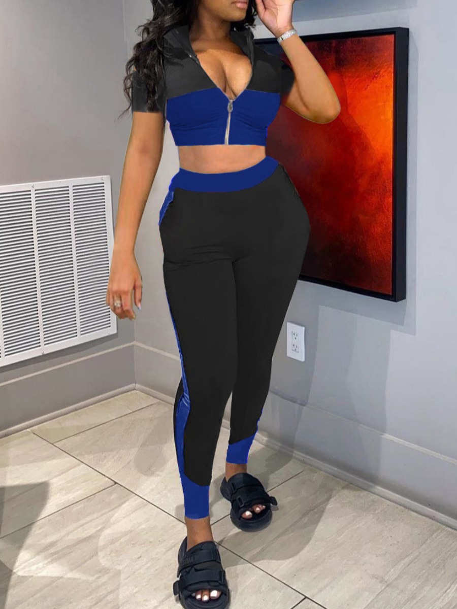 

Lovely Sportswear Color-lump Zipper Design Blue Two Piece Pants Set