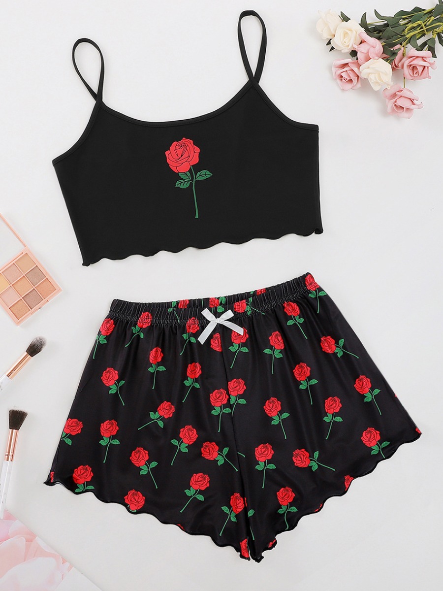 

Lovely Home Style Floral Print Patchwork Black Sleepwear