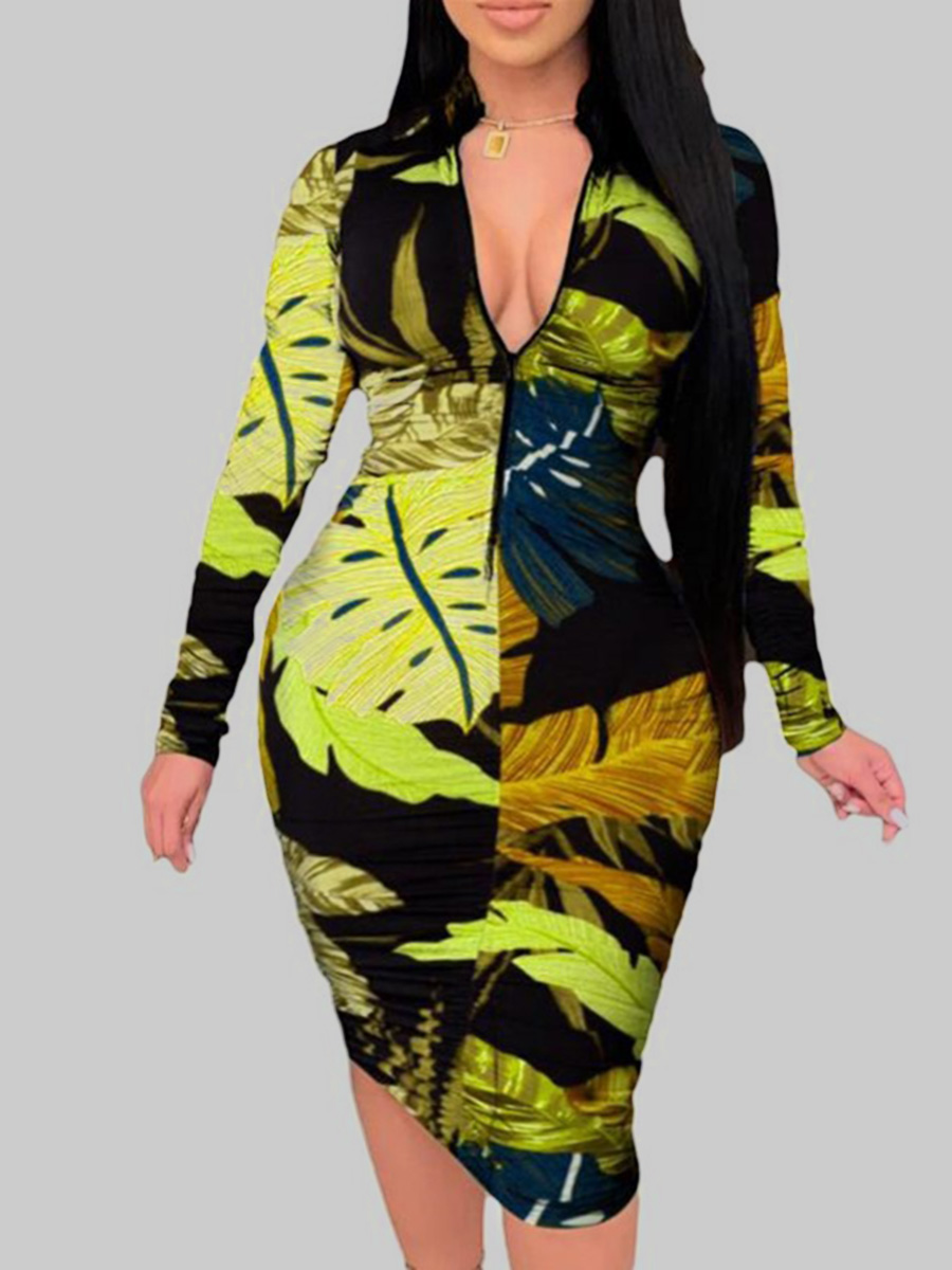 

Lovely Boho Floral Print Zipper Design Yellow Knee Length Plus Size Dress