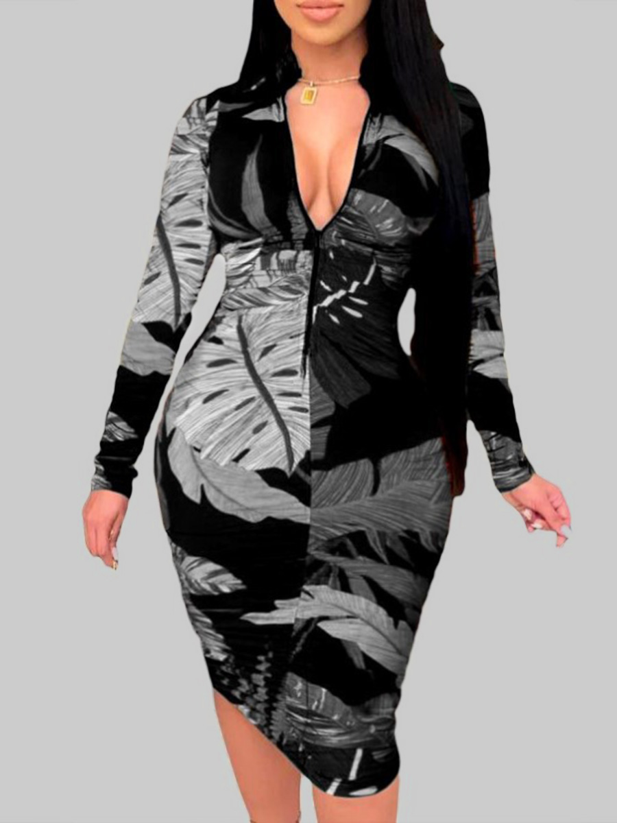 

Lovely Plus Size Boho Floral Print Zipper Design Grey Knee Length Dress