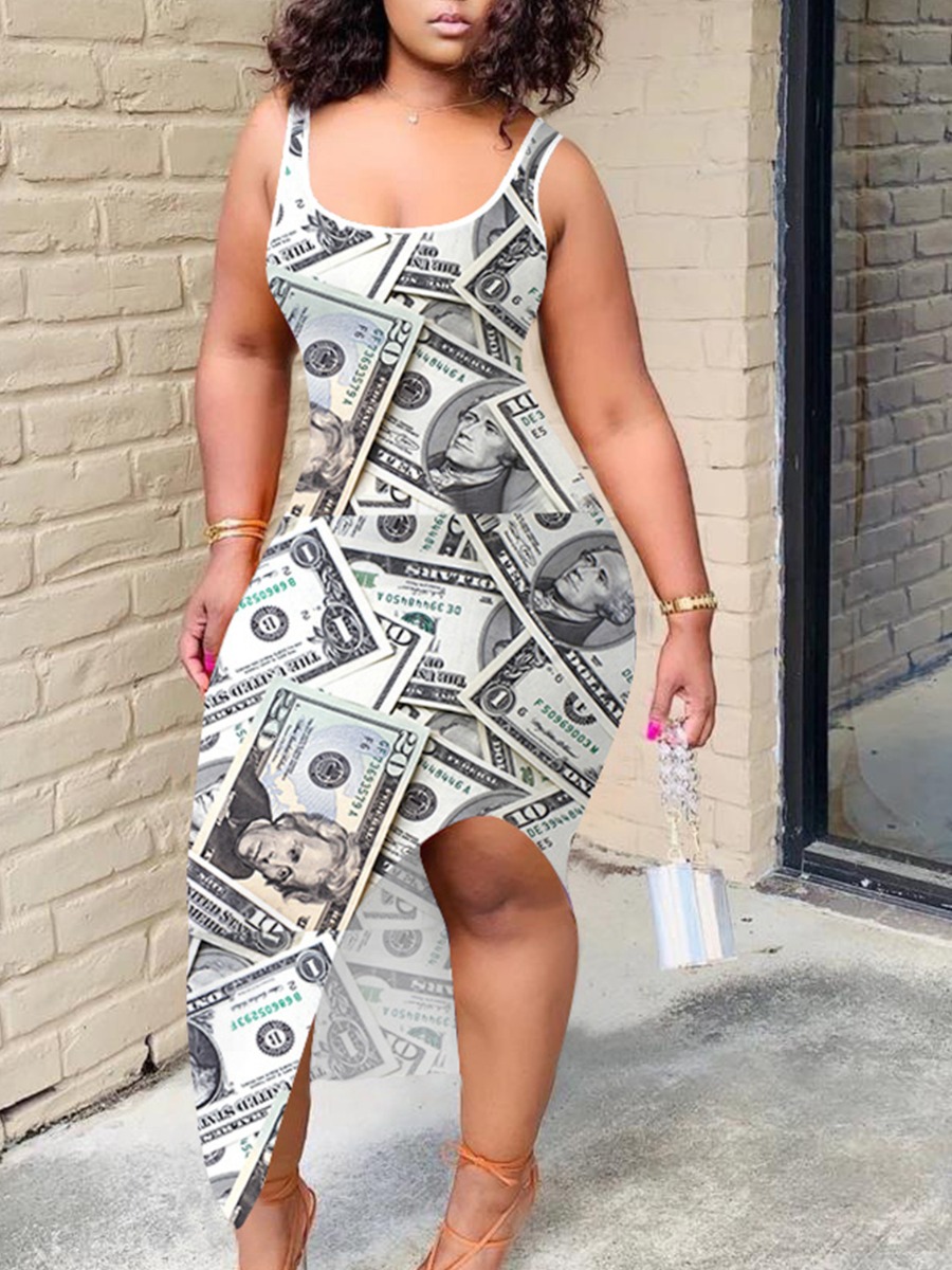 

Lovely Street Money Print Split White Mid Calf Dress