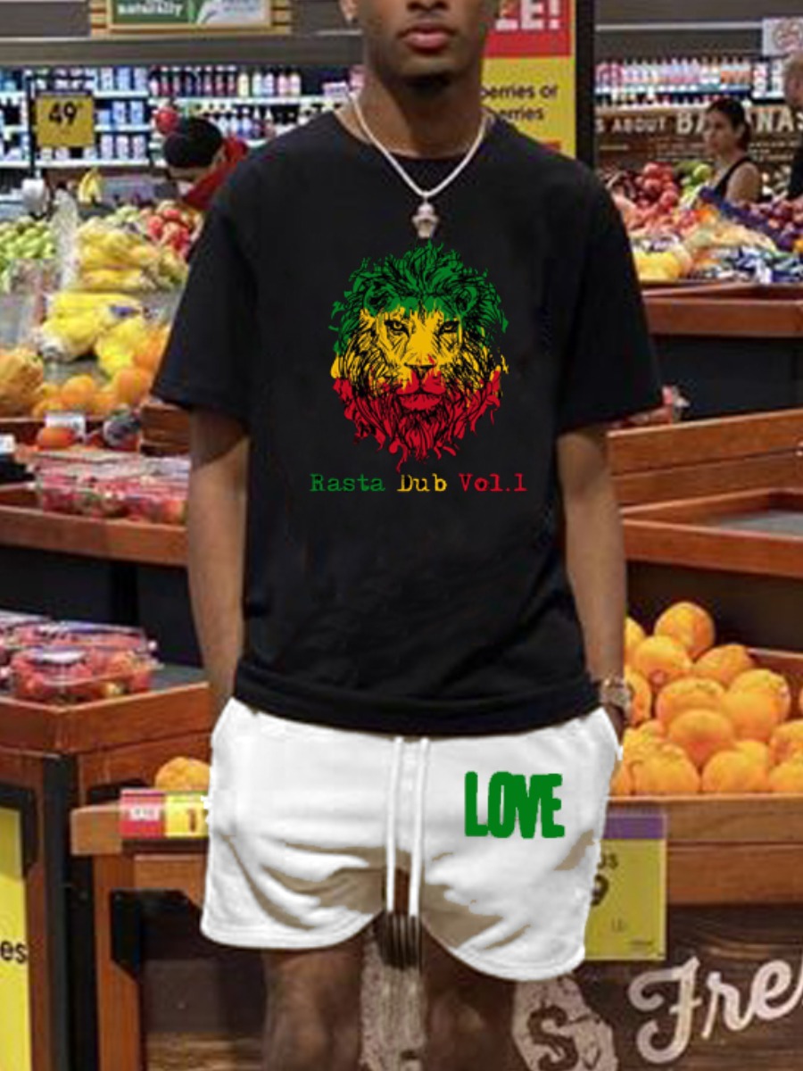 

Lovely Street Animal Letter Print Black Men Two Piece Shorts Set