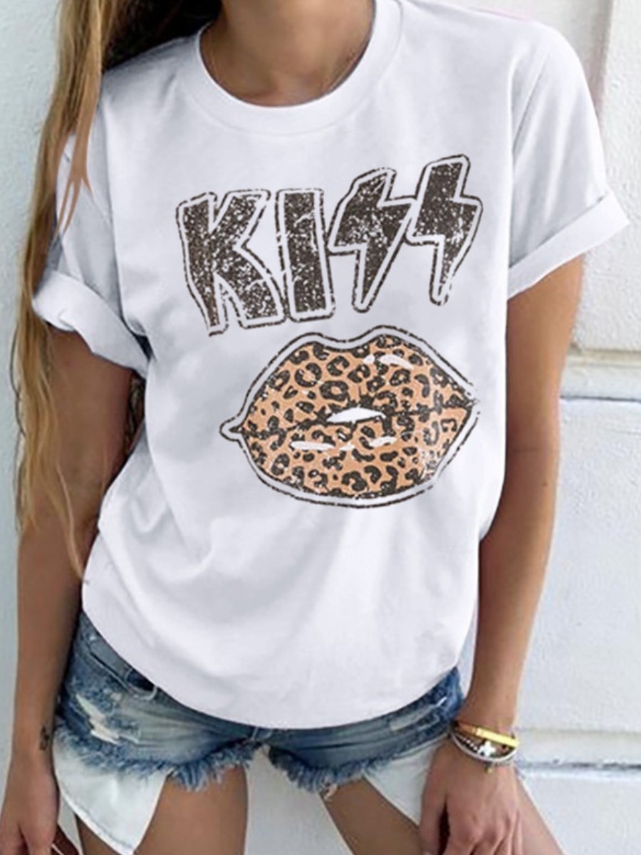 

Lovely Street Leopard Letter Print White Plus Size T-shirt
