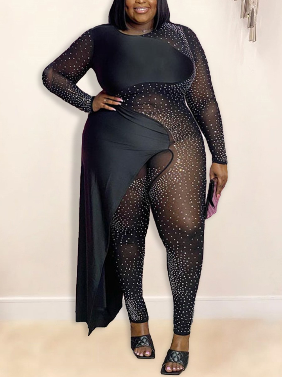 

Lovely Sexy Sequined Mesh Patchwork Black Plus Size One-piece Jumpsuit