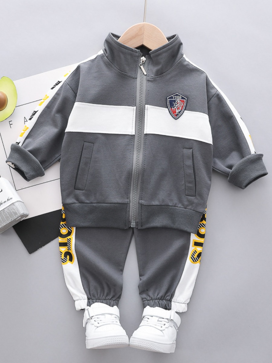 

Lovely Boy Sporty Color-lump Letter Print Grey Two Piece Pants Set