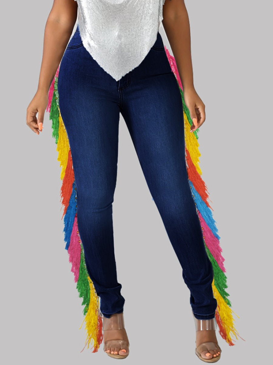 

LW Plus Size Casual Tassel Design Patchwork Deep Blue Jeans