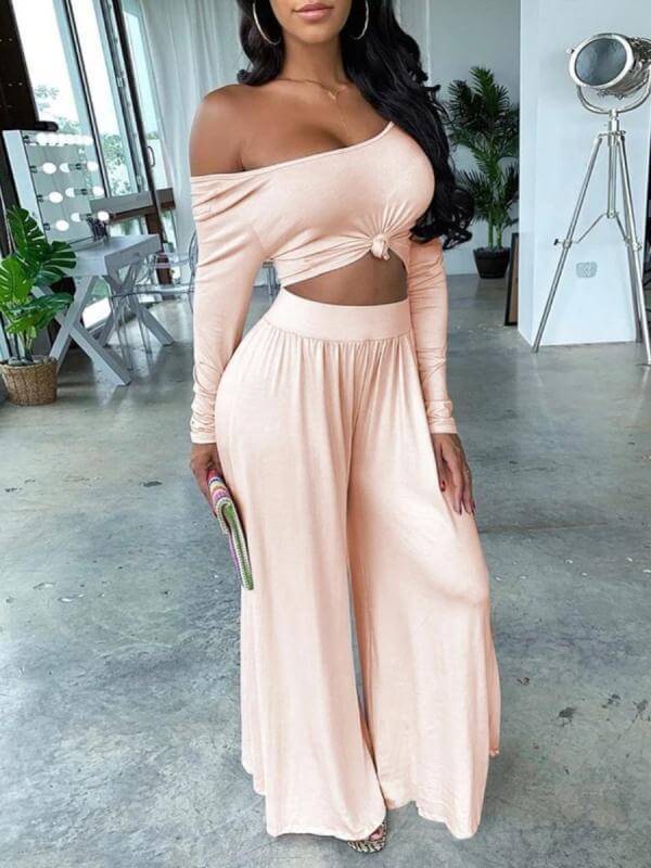 

Lovely Work Off The Shoulder Elastic Pink Plus Size Two-piece Pants Set
