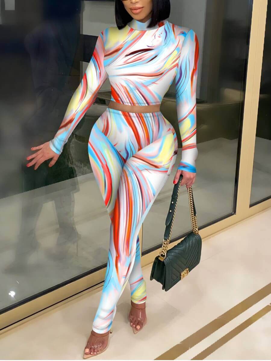 

Lovely Stylish Turtleneck Graffiti Print Multicolor Plus Size Two-piece Pants Set, Multi