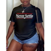 LW Casual O Neck Letter Print Black T-shirt
