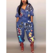 Lovely Street Cartoon Letter Print Blue Plus Size 