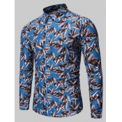 Lovely Men Trendy Feather Print Patchwork Blue Shi