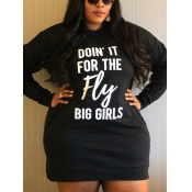 LW Plus Size Casual Hooded Collar Letter Print Bla