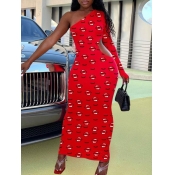 Lovely Casual One Shoulder Lip Print Red Ankle Len