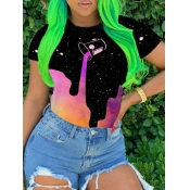 Lovely Casual O Neck Graffiti Print Black T-shirt