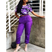 Lovely Casual O Neck Camo Print Purple Two Piece P