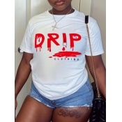LW Casual O Neck Letter Print White T-shirt