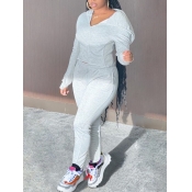 Lovely Sportswear Hooded Collar Loose Grey Two Pie