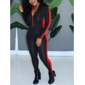 LW Sportswear Zipper Design Patchwork Red One-piec
