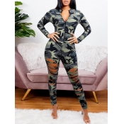 LW Street Camo Print Broken Holes One-piece Jumpsu