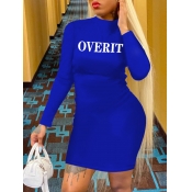 Lovely Casual O Neck Letter Print Blue Knee Length