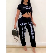 Lovely Street Letter Print Black Two-piece Pants S