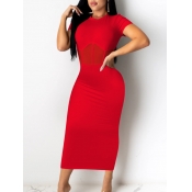 Lovely Elegant O Neck See-through Patchwork Red Mi