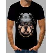 LW BASICS Men Casual O Neck Cartoon Print Black T-