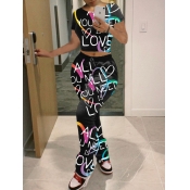 Lovely Casual O Neck Letter Heart-shaped Print Bla