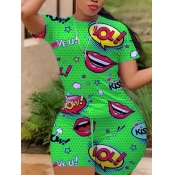 Lovely Leisure O Neck Lip Print Green Two Piece Sh