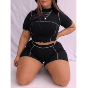 Lovely Casual Turtleneck Striped Black Plus Size T
