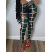 LW Casual Plaid Print Broken Holes Green Pants