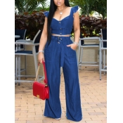 Lovely Casual Flounce Bandage Design Blue Denim Tw