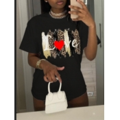 LW Casual O Neck Leopard Letter Print Black T-shir