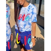 Lovely Casual Letter Print Tie-dye Blue Two Piece 